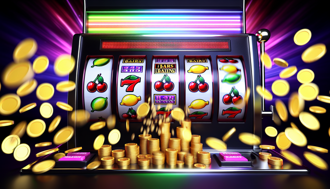 alt_text: A vibrant cover for 'Slot Online' depicting thrilling online gaming with spinning reels and coins.