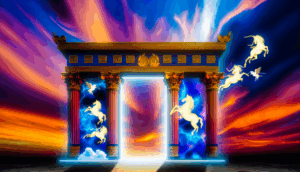 alt_text: Majestic Gates of Olympus, adorned with Greek motifs, amidst a vibrant sky and mythical creatures.