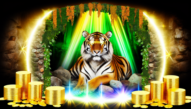 alt_text: A majestic tiger in a vibrant jungle symbolizes fortune, framed by gold coins and mystical light.