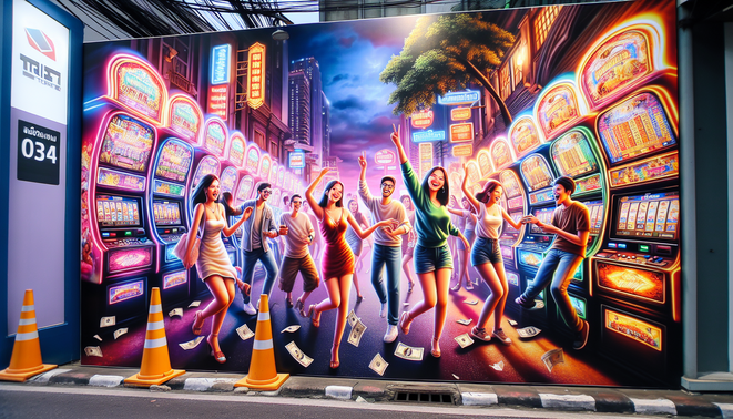 Alt text: A vibrant Bangkok street scene with young adults celebrating near neon-lit slot machines.
