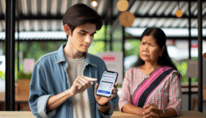 A young Thai adult holds a smartphone displaying a payment confirmation, with a skeptical woman nearby.