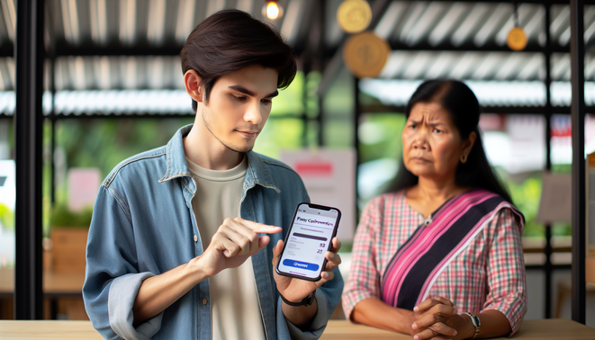 A young Thai adult holds a smartphone displaying a payment confirmation, with a skeptical woman nearby.