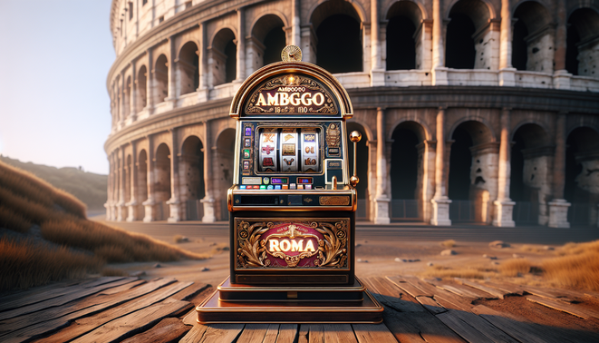 alt_text: Luxurious slot machine 'ambgogo สล็อต Roma' with Roman symbols against an iconic Colosseum backdrop.