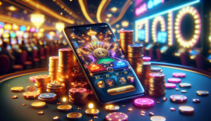 Exciting cover image for "ambgogo เกมใหม่": smartphone with vibrant game UI, coins, and casino backdrop.