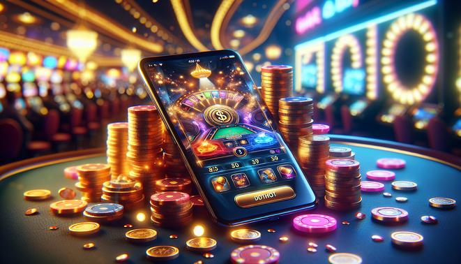 Exciting cover image for "ambgogo เกมใหม่": smartphone with vibrant game UI, coins, and casino backdrop.