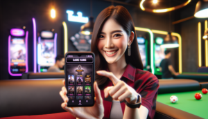 A friendly Thai presenter smiles, showcasing a smartphone with game thumbnails in a stylish gaming lounge.