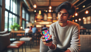 alt_text: A young Thai adult holds a smartphone displaying the vibrant ambgogo app in a cozy café setting.