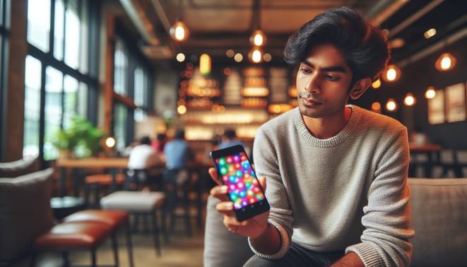 alt_text: A young Thai adult holds a smartphone displaying the vibrant ambgogo app in a cozy café setting.