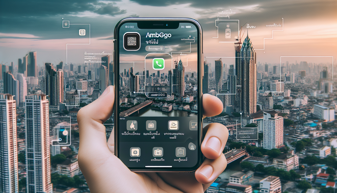 Ultra-realistic image of an iPhone showcasing the ambgogo app with Thai text, set against a city background.