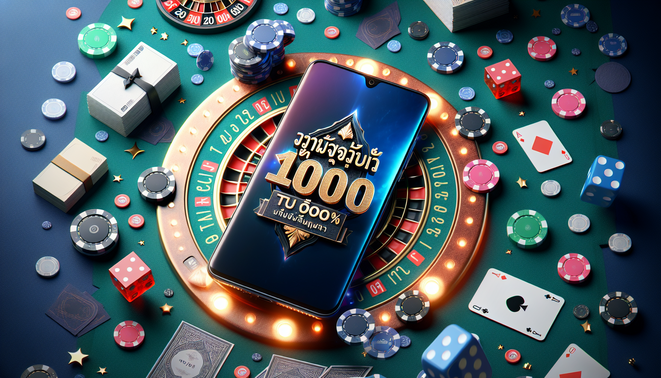 Promotional image of a smartphone displaying "ambgogo โบนัส 100%" with casino elements and festive mood.