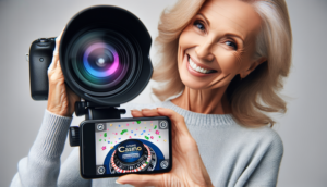 alt_text: A joyful adult displays a sleek smartphone promoting an online casino, with celebratory visuals.