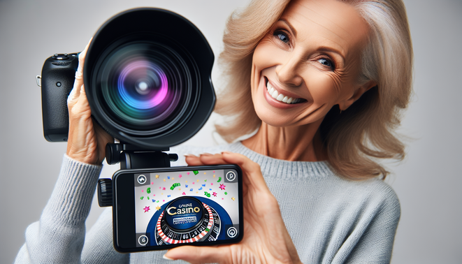 alt_text: A joyful adult displays a sleek smartphone promoting an online casino, with celebratory visuals.